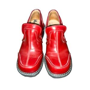 John Fluevog F-Soles loafers Cherry red leather, chunky heel, made in Portugal